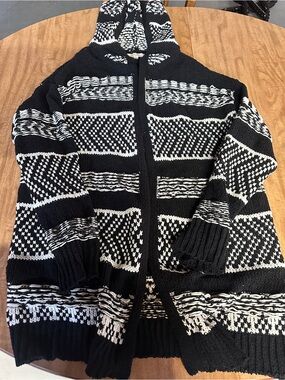 Rewind Black and White Hooded Zip Knit Cardigan